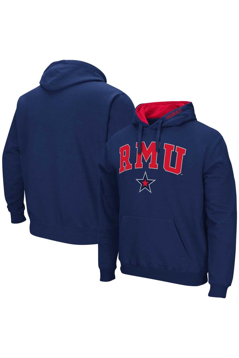 Men's Colosseum Navy Robert Morris Colonials Arch & Logo 3.0 Pullover Hoodie, Main, color, Navy
