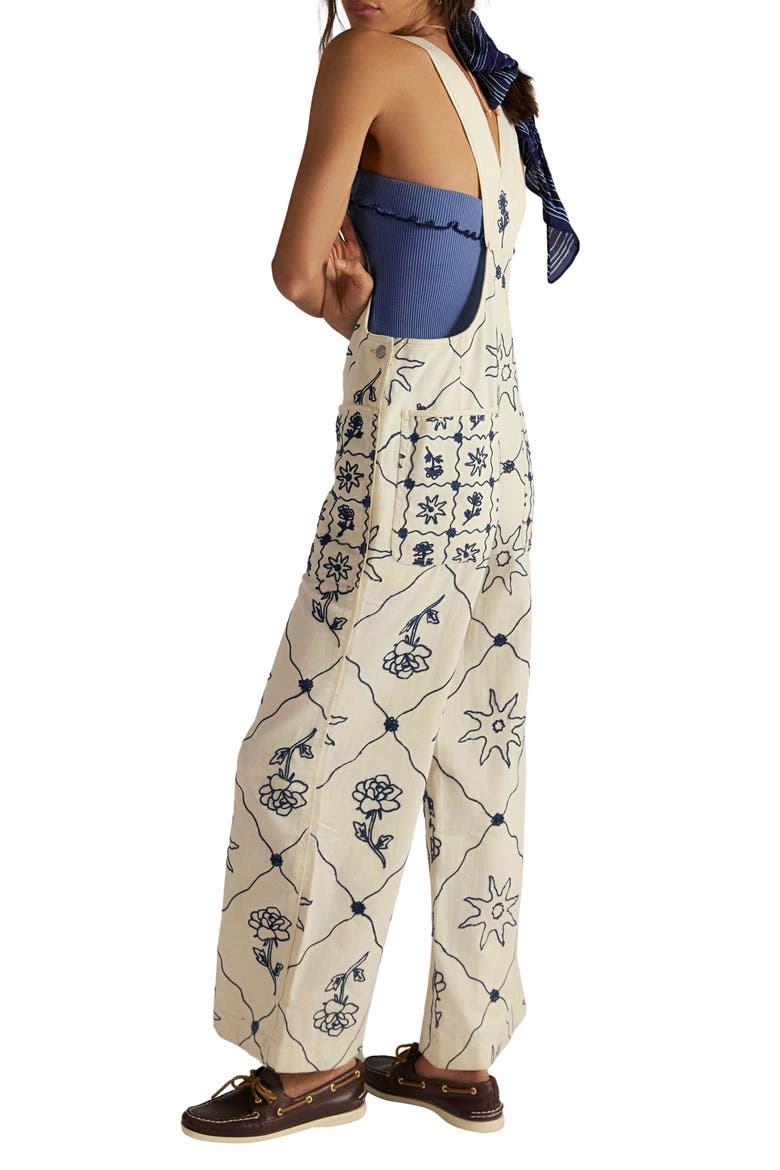 Rising Sun Embroidered Wide Leg Overalls, Alternate, color, SOLAR ECRU