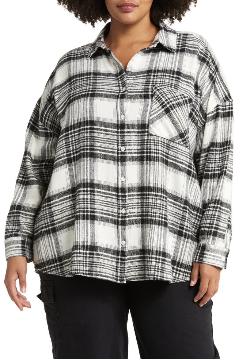 Boyfriend Plaid Shirt, Alternate, color, IVORY- BLACK LG LINO PLAID