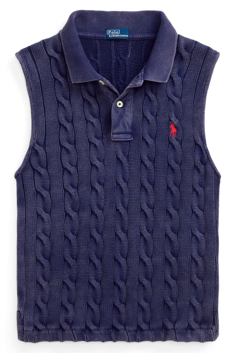 Cable Sleeveless Cotton Polo Sweater, Alternate, color, NEWPORT NAVY