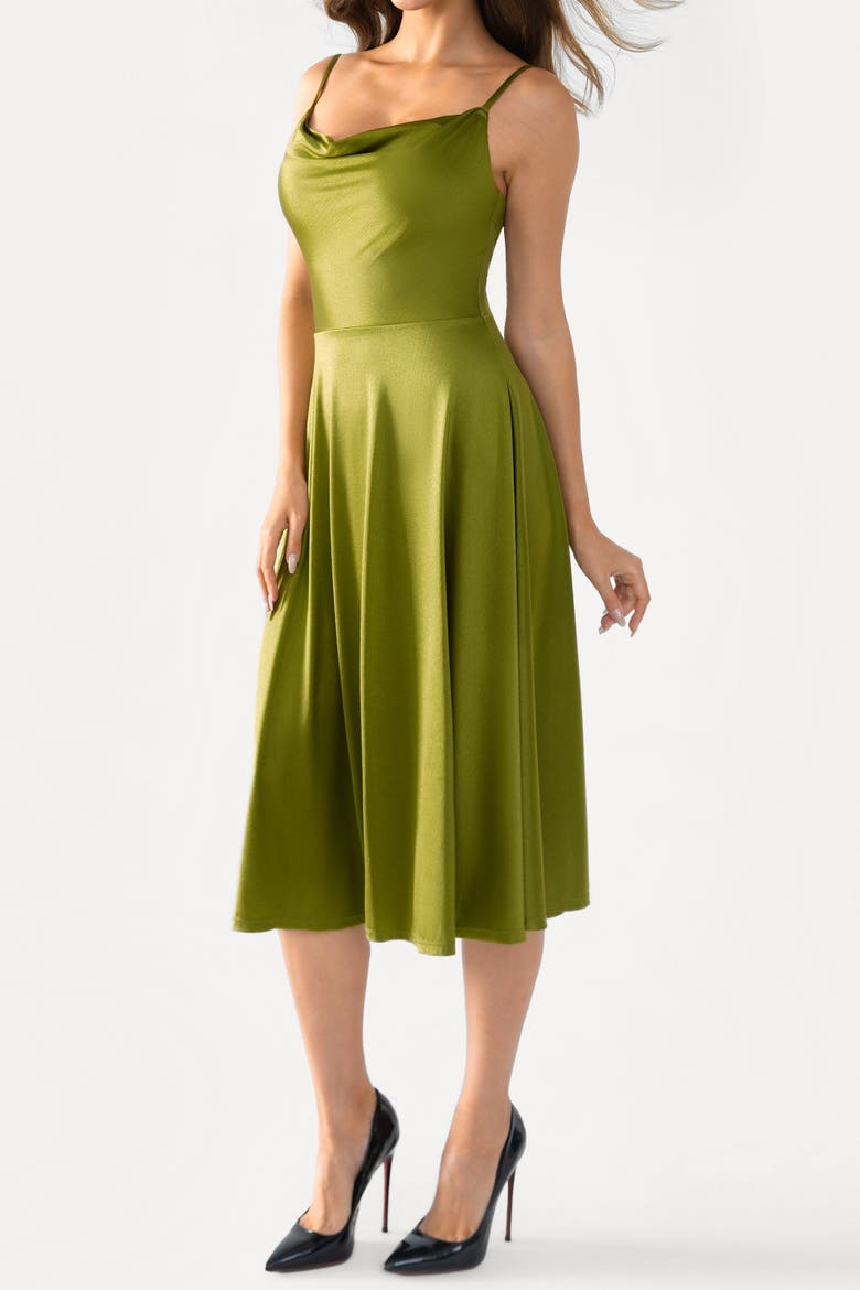 Shapewear Strappy Cowl Neck Vacation & Date Night Fit & Flare Midi Dress, Alternate, color, Metallic Olive