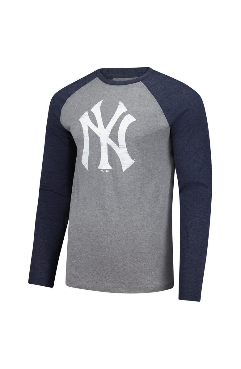 FANATICS Men's Fanatics Heather Gray/Heather Navy New York Yankees Weathered Logo Tri-Blend Raglan Long Sleeve T-Shirt, Alternate, color, Heather Gray