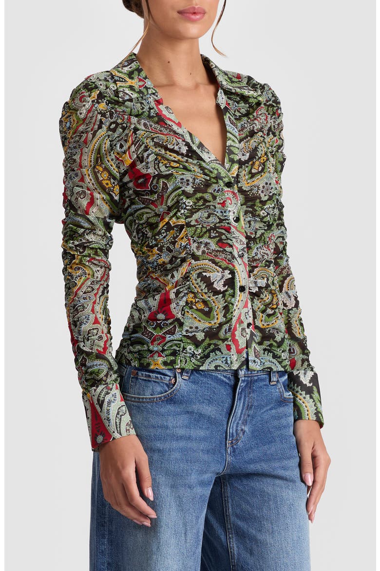 Portia Paisley Center Ruched Button-Up Shirt, Alternate, color, PAISLEY POEM