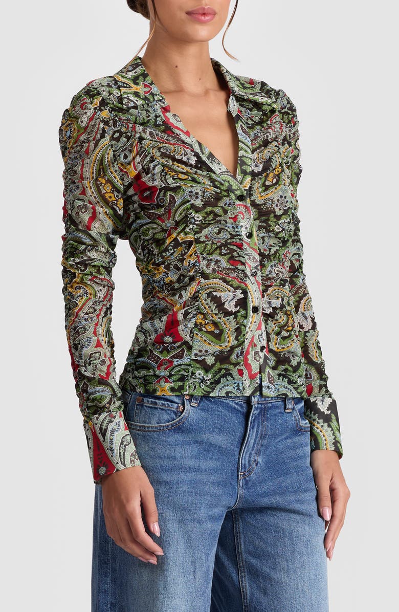 Alice + Olivia Portia Paisley Center Ruched Button-Up Shirt, Alternate, color, Paisley Poem