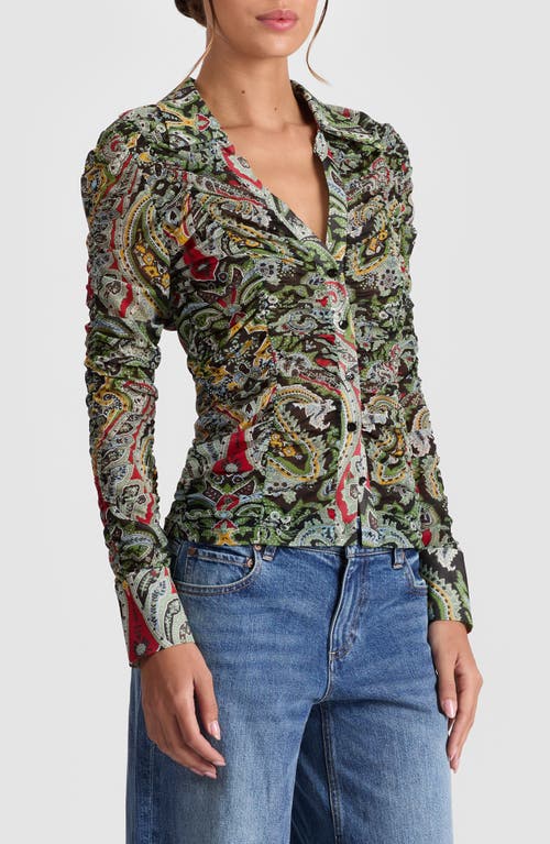 Alice And Olivia Portia Ruched Mesh Button Down Paisley Poem In Green