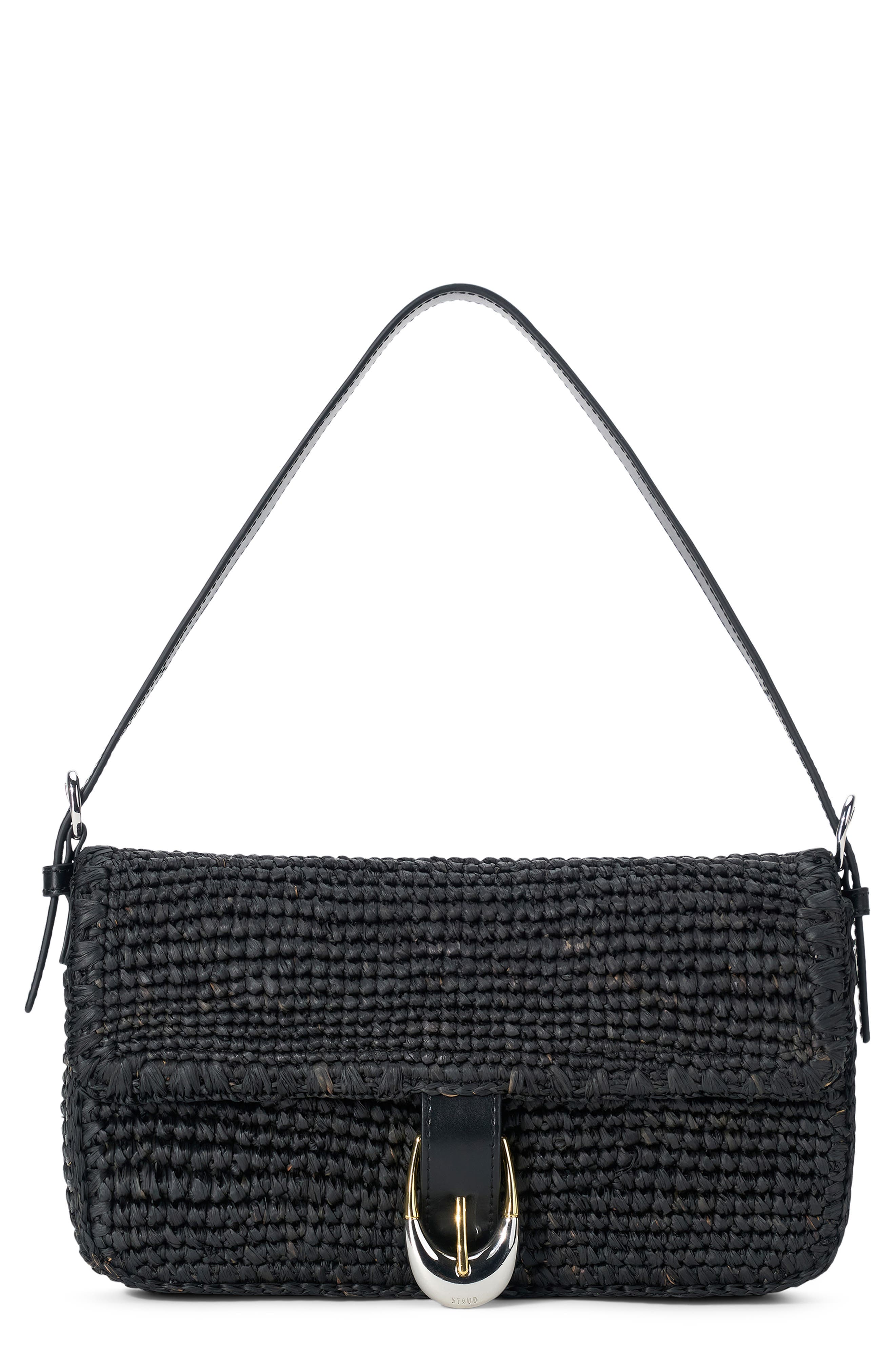 STAUD Harlow Raffia Shoulder Bag, Main, color, Black
