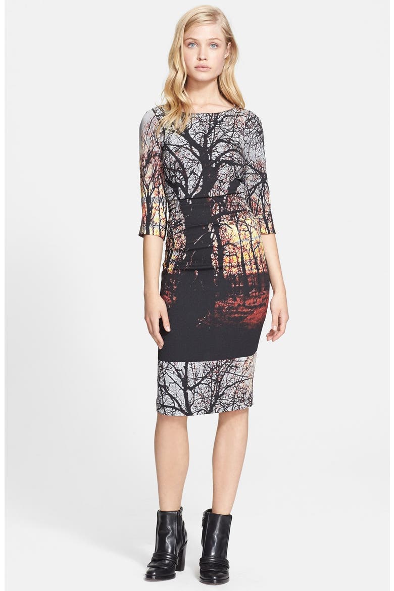 Print Stretch Crepe Dress, Main, color, WINTER LANDSCAPE
