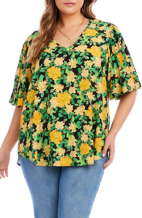 Floral Puff Sleeve Crepe Top (Plus)