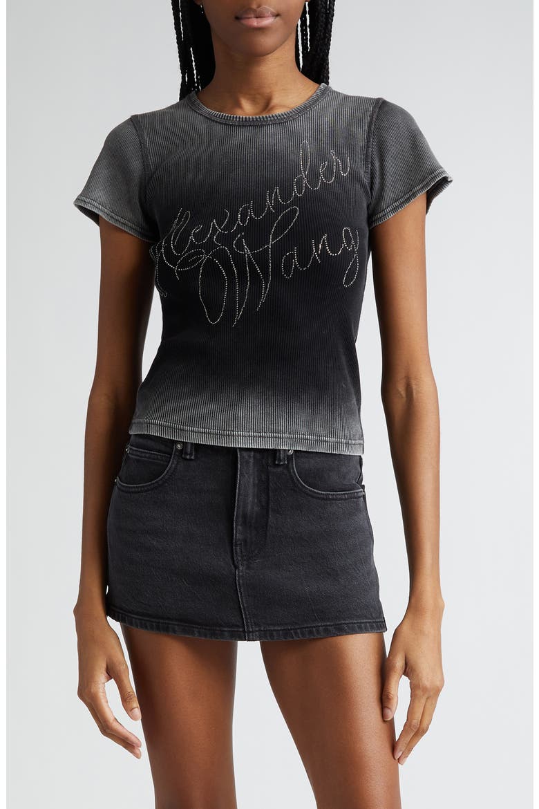 Ombré Hotfix Cursive Logo Rib T-Shirt, Main, color, WASHED ASH