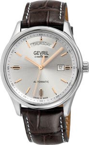 GEVRIL Excelsior Croc Embossed Leather Strap Watch, 42mm