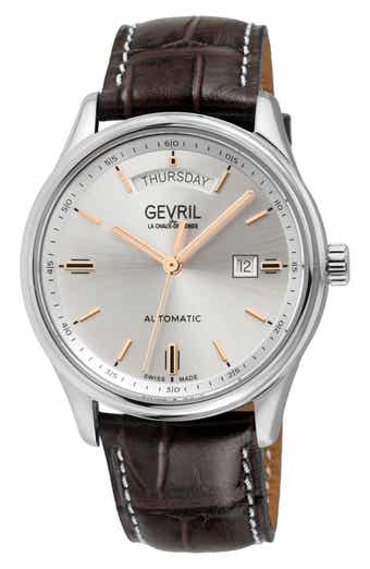 GEVRIL Excelsior Croc Embossed Leather Strap Watch, 42mm