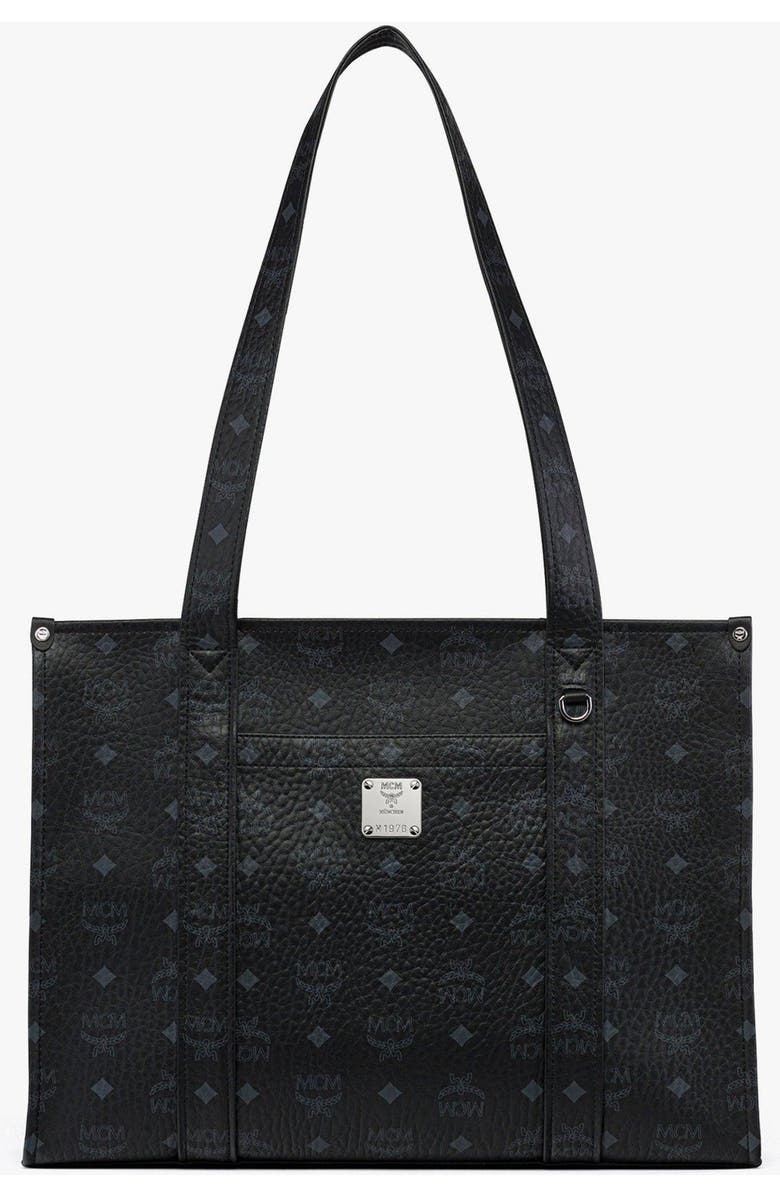MCM Small Aren School Bag Tote in Visetos, Main, color, Black