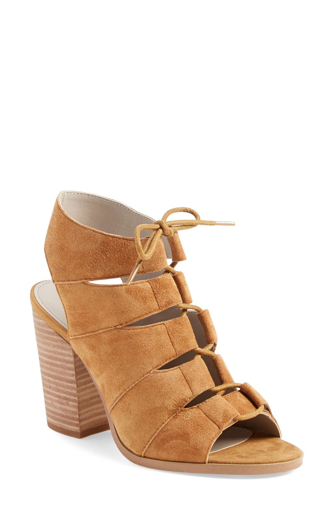 'Drea' Peep Toe Leather Sandal, Main, color, COGNAC LEATHER