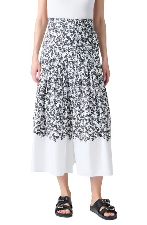 Daisy Print Belted Cotton Midi Skirt