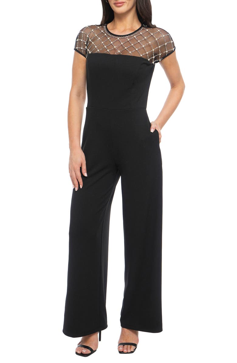 Marina Embellished Mesh Yoke Scuba Crepe Jumpsuit, Main, color, 