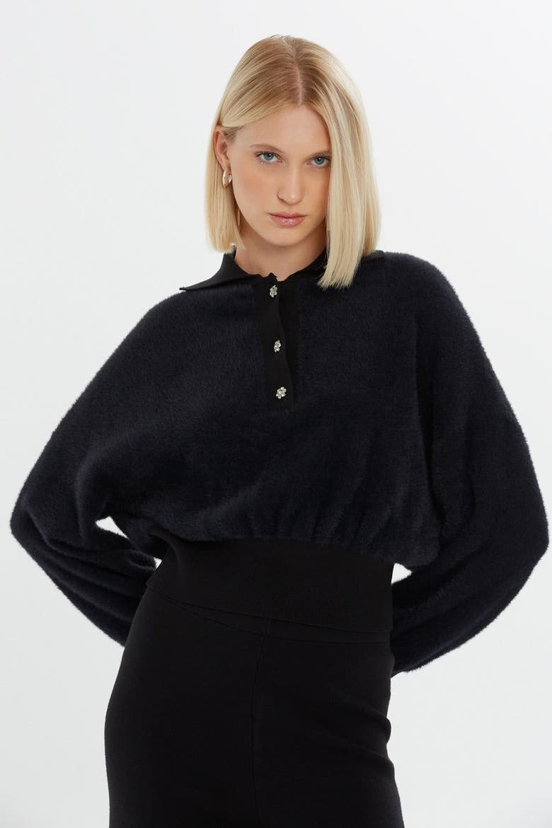Shirt Collar Front Button Detail Black Blouse, Main, color, Black