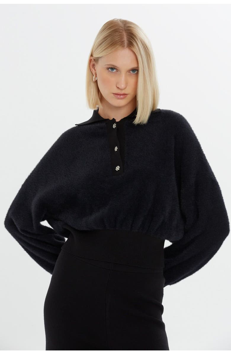 Gizia Shirt Collar Front Button Detail Black Blouse, Main, color, Black