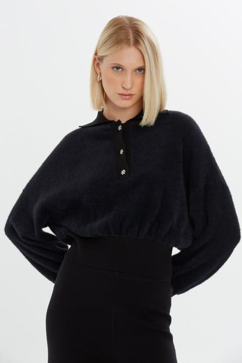Shirt Collar Front Button Detail Black Blouse