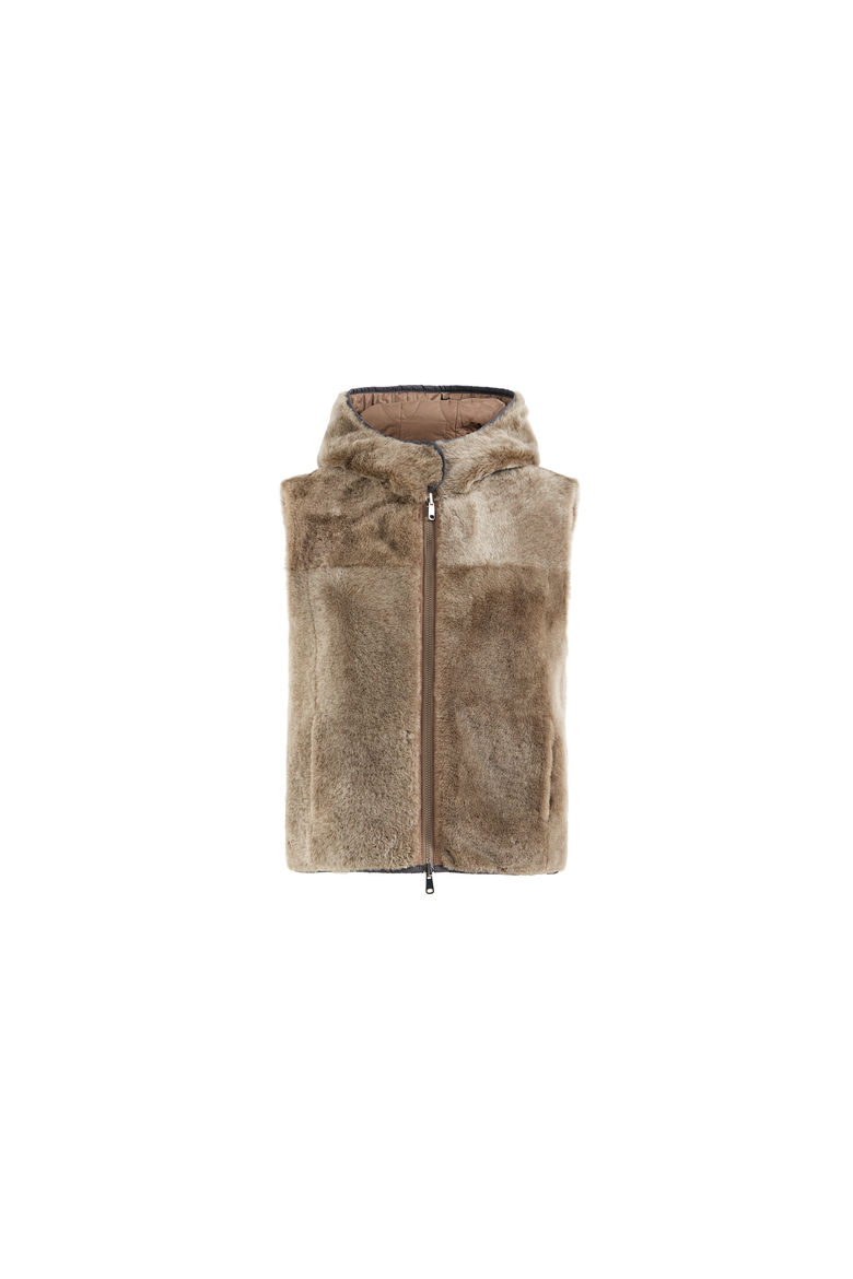 Shearling reversibile vest with Thermore® padding and hood, Alternate, color, Light Brown