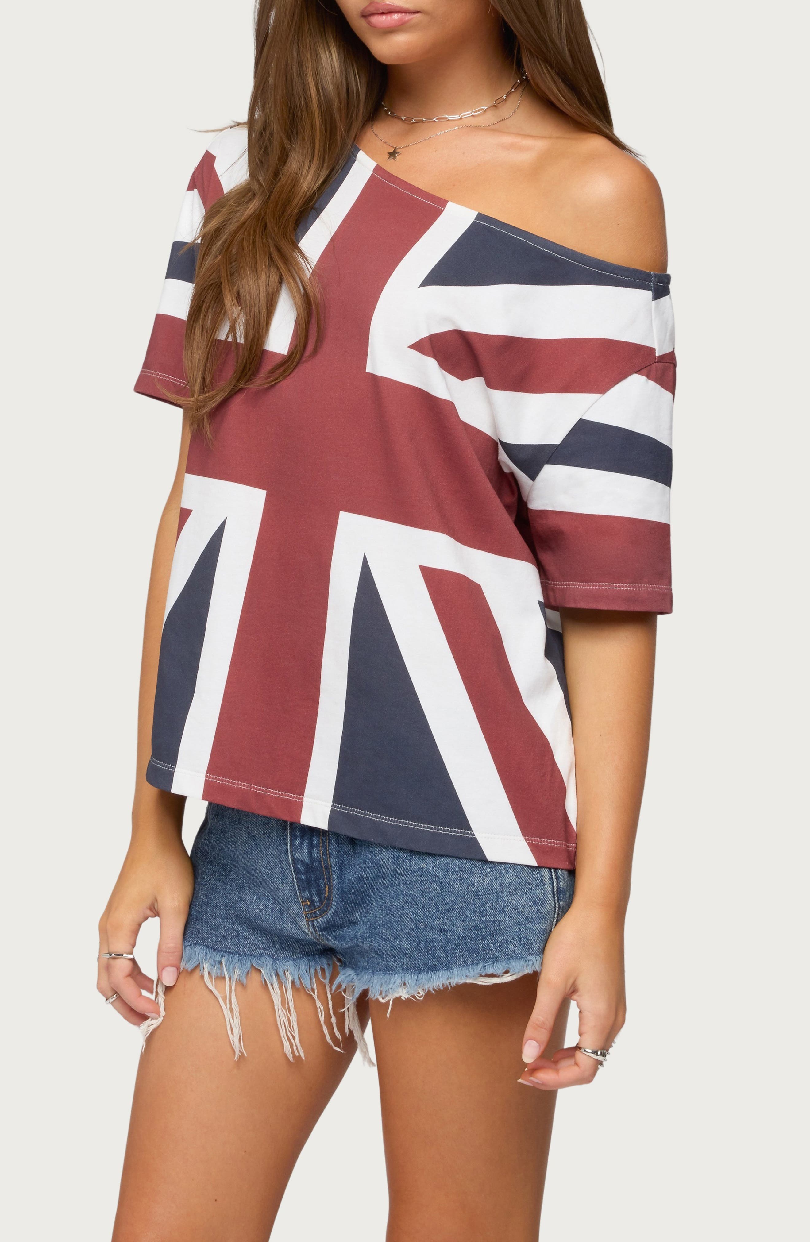 EDIKTED Union Jack Off-the-Shoulder T-Shirt (Women) | Nordstrom