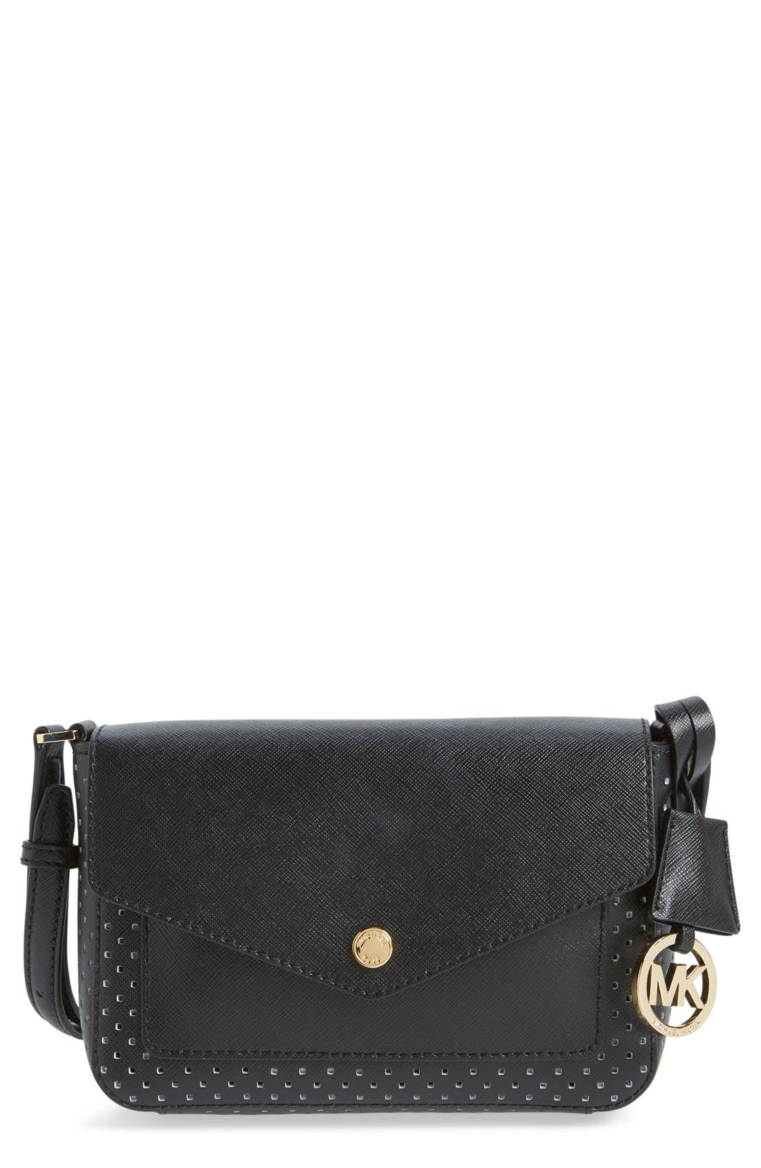 'Small Greenwich' Perforated Leather Crossbody Bag, Main, color, BLACK/ GOLD