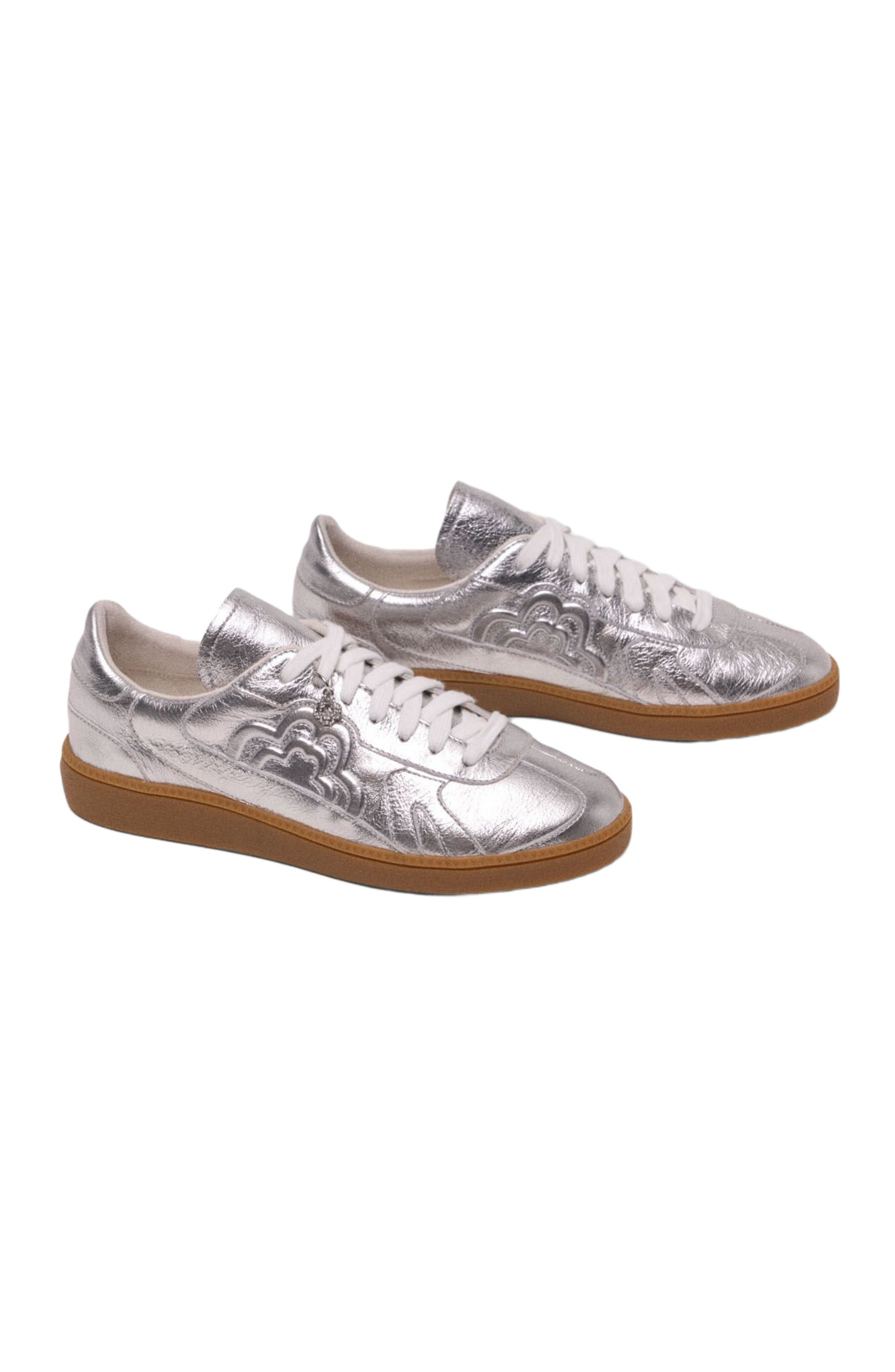 maje Metallic leather sneakers, Alternate, color, Silver