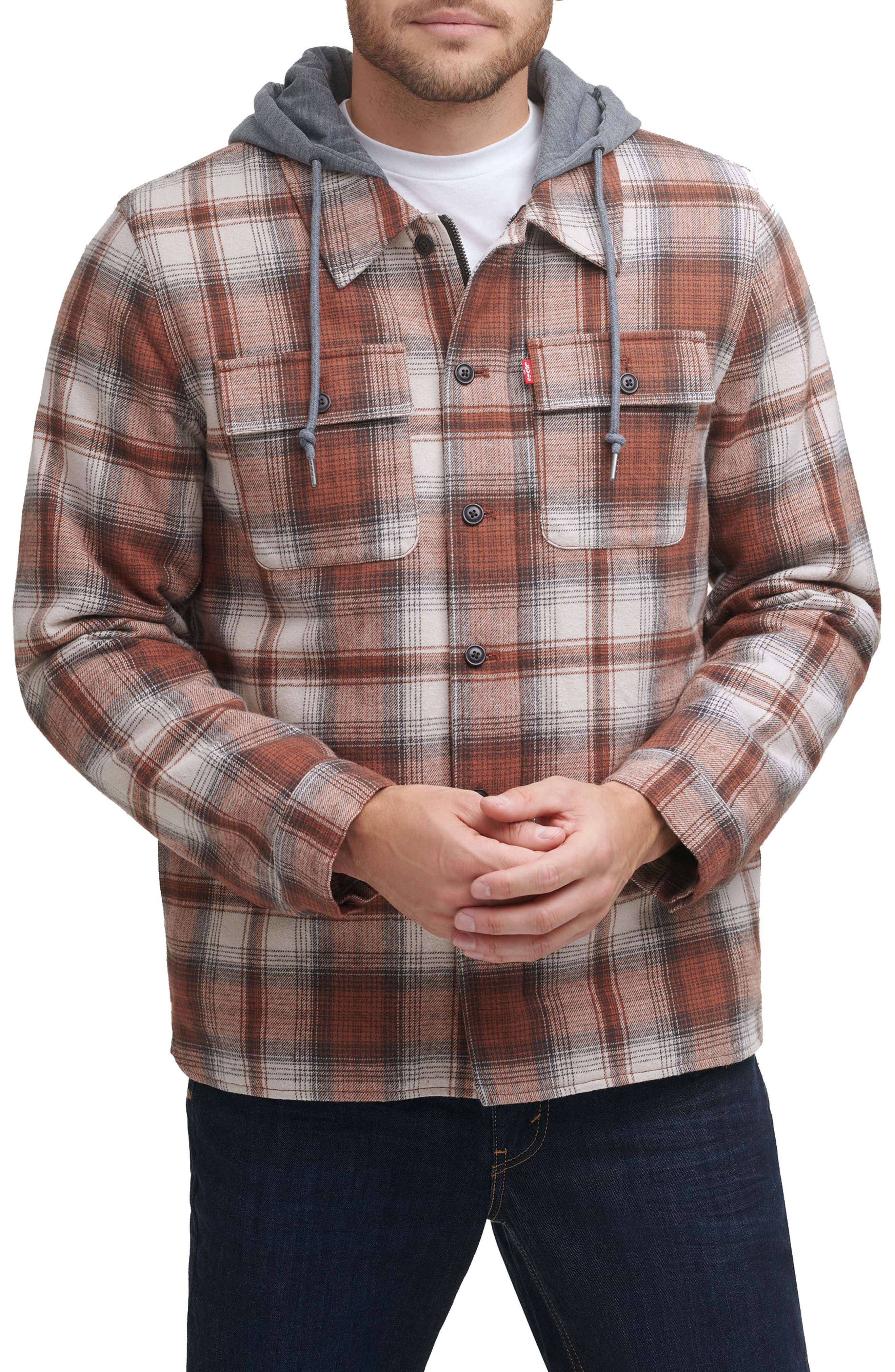 Levi's Plaid Faux Shearling Lined Jersey Hood Shirt Jacket
