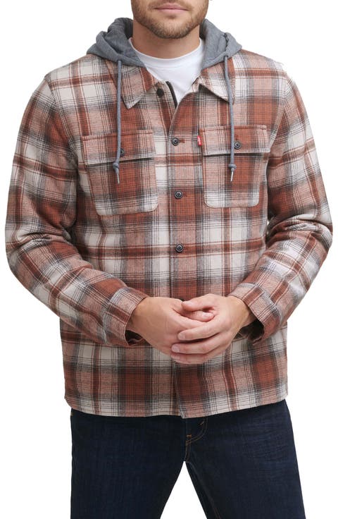 Plaid Faux Shearling Lined Jersey Hood Shirt Jacket