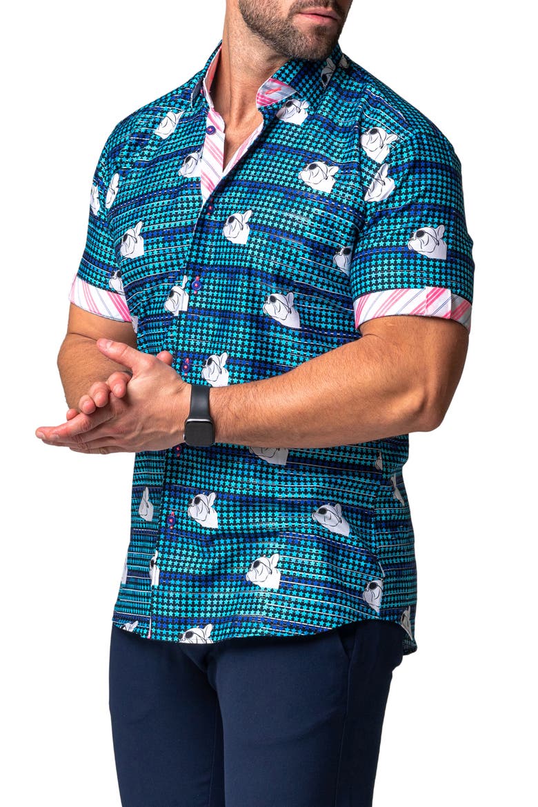 Galileo Dog Dream Regular Fit Short Sleeve Button-Up Shirt, Alternate, color, BLUE
