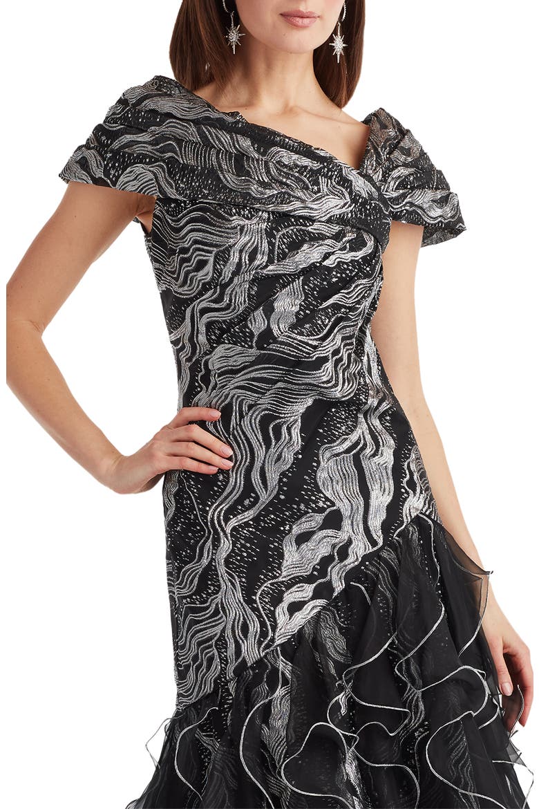 Jacquard Lace & Ruffle Gown, Alternate, color, SILVER/ BLACK
