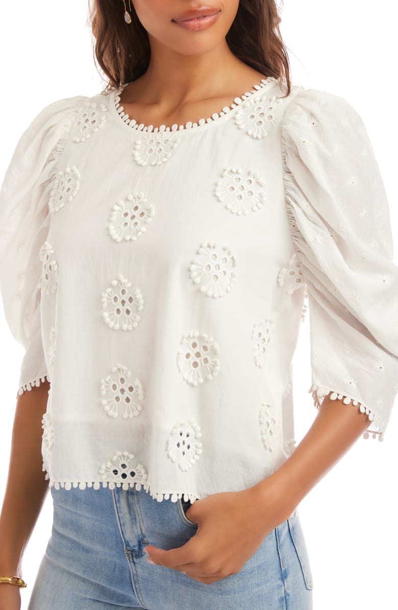 Karen Kane Embroidered Eyelet Cotton Puff Sleeve Top, Alternate, color, Off White