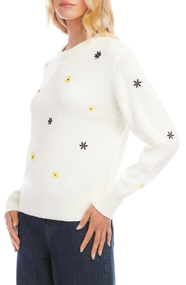 Karen Kane Embroidered Daisy Cotton Blend Sweater, Alternate, color, White