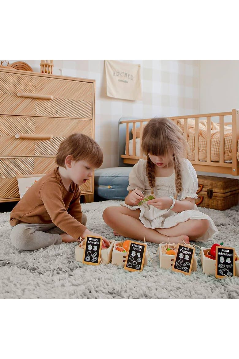 Wooden Play Food Set with Display Rack for Kids, Alternate, color, Multicolor