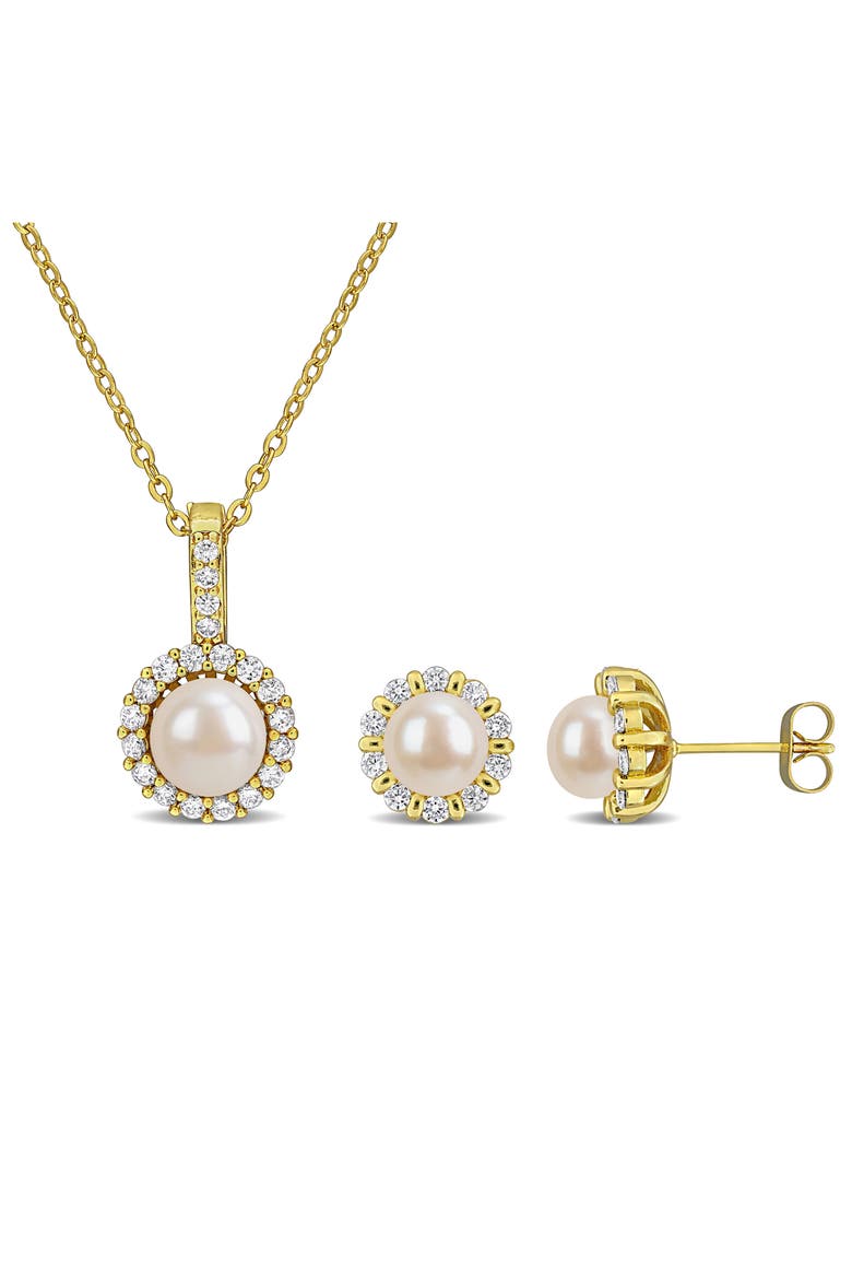 Cultured Pearl & Cubic Zirconia Halo Pendant Necklace & Stud Earrings Set, Main, color, GOLD