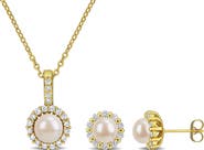 DELMAR Cultured Pearl & Cubic Zirconia Halo Pendant Necklace & Stud Earrings Set