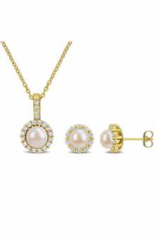 Cultured Pearl & Cubic Zirconia Halo Pendant Necklace & Stud Earrings Set