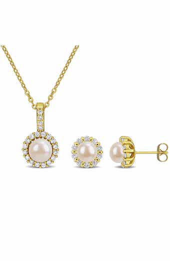 Cultured Pearl & Cubic Zirconia Halo Pendant Necklace & Stud Earrings Set