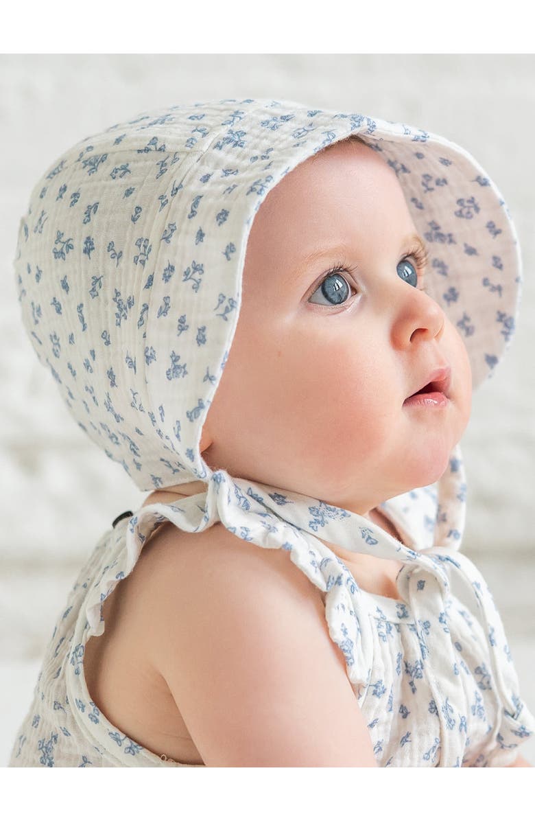 KENDI by Colored Organics Organic Muslin Bonnet, Main, color, Rosebay Floral / Coconut + Sea
