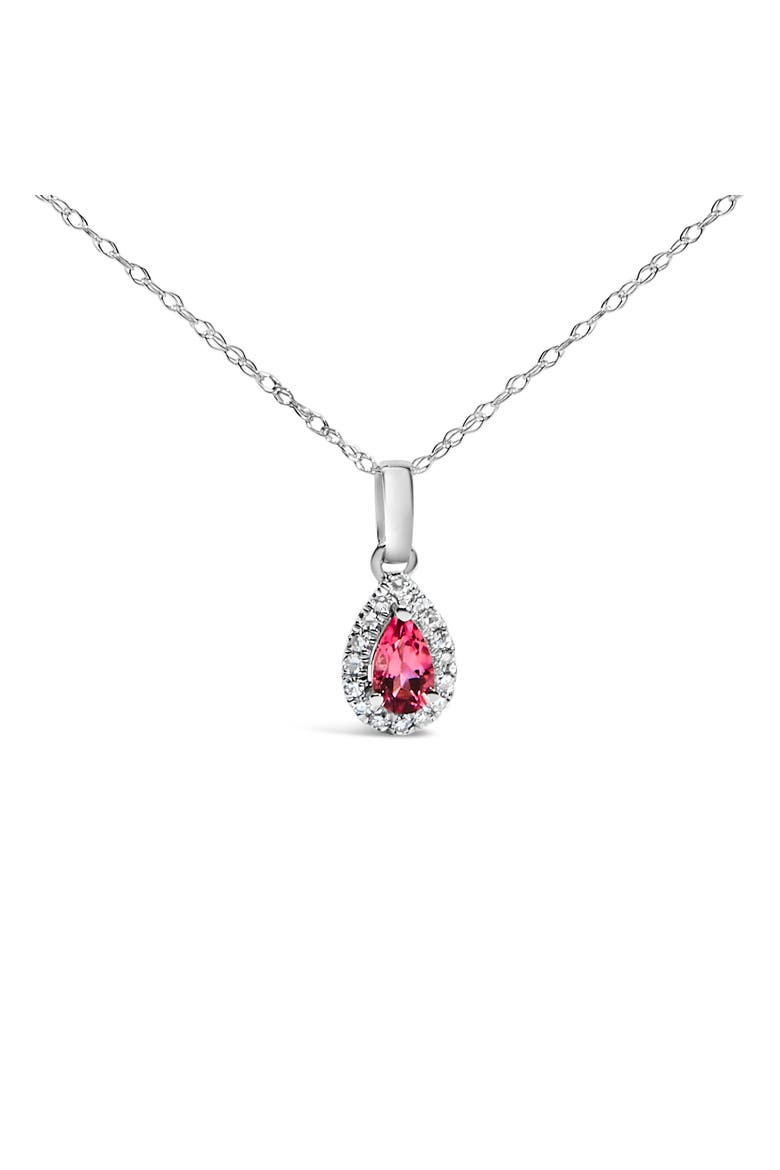 10K White Gold 5x3mm Gemstone and Diamond Accent Halo Pear Shape 18" Pendant Necklace, Alternate, color, Pink Tourmaline | White