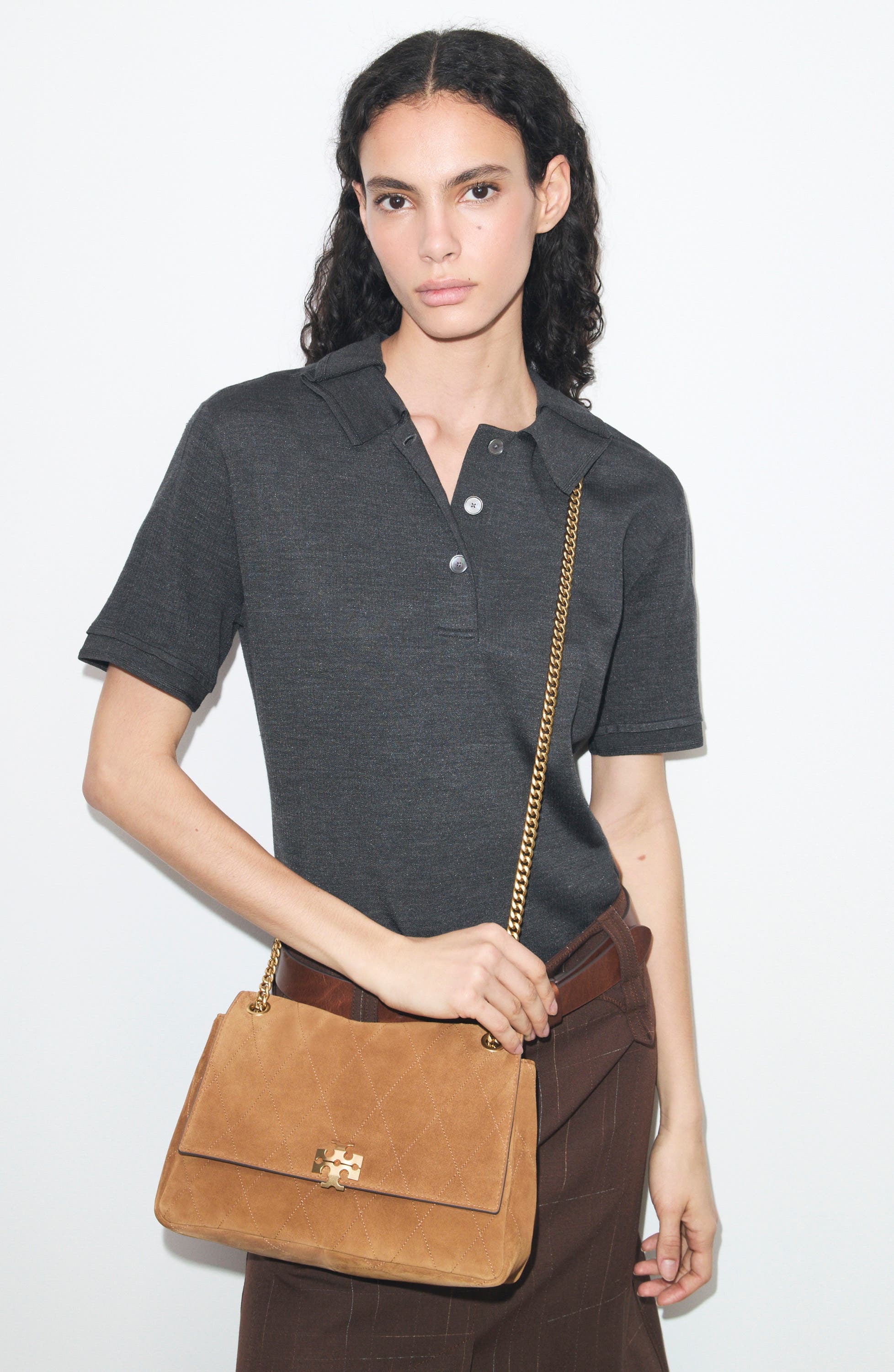 Charlie Quilted Suede Shoulder Bag, Alternate, color, CARAMEL