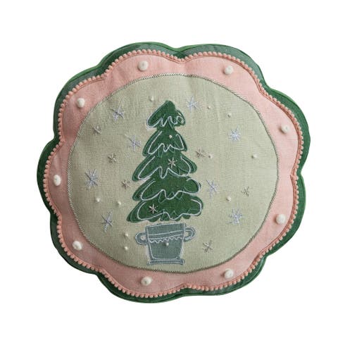Tree Motif Cotton & Linen Pillow with Pom Pom Trim
