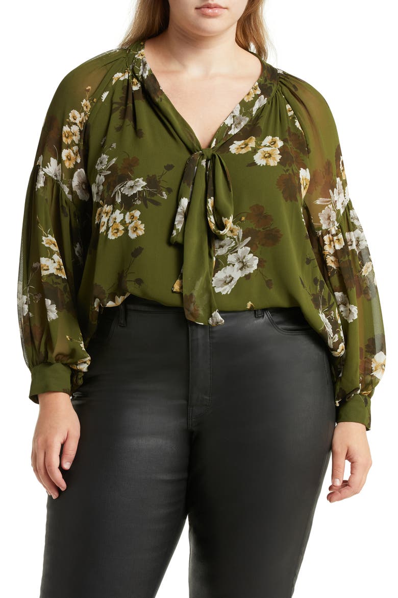 Floral Chiffon Blouse, Main, color, LT OLIVE