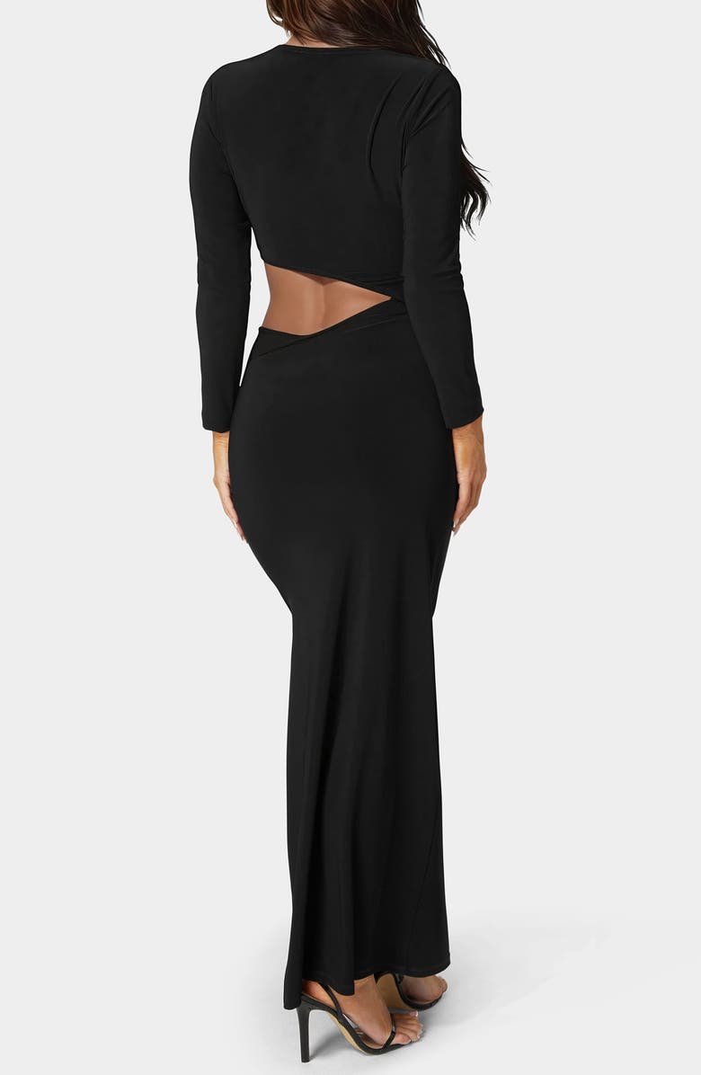 bebe Asymmetric Cutout Long Sleeve Dress, Alternate, color, Black