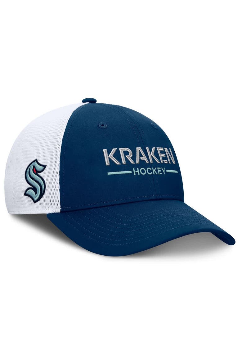 Men's Fanatics Deep Sea Blue/White Seattle Kraken Authentic Pro Rink Lockup Adjustable Trucker Hat, Alternate, color, Blue