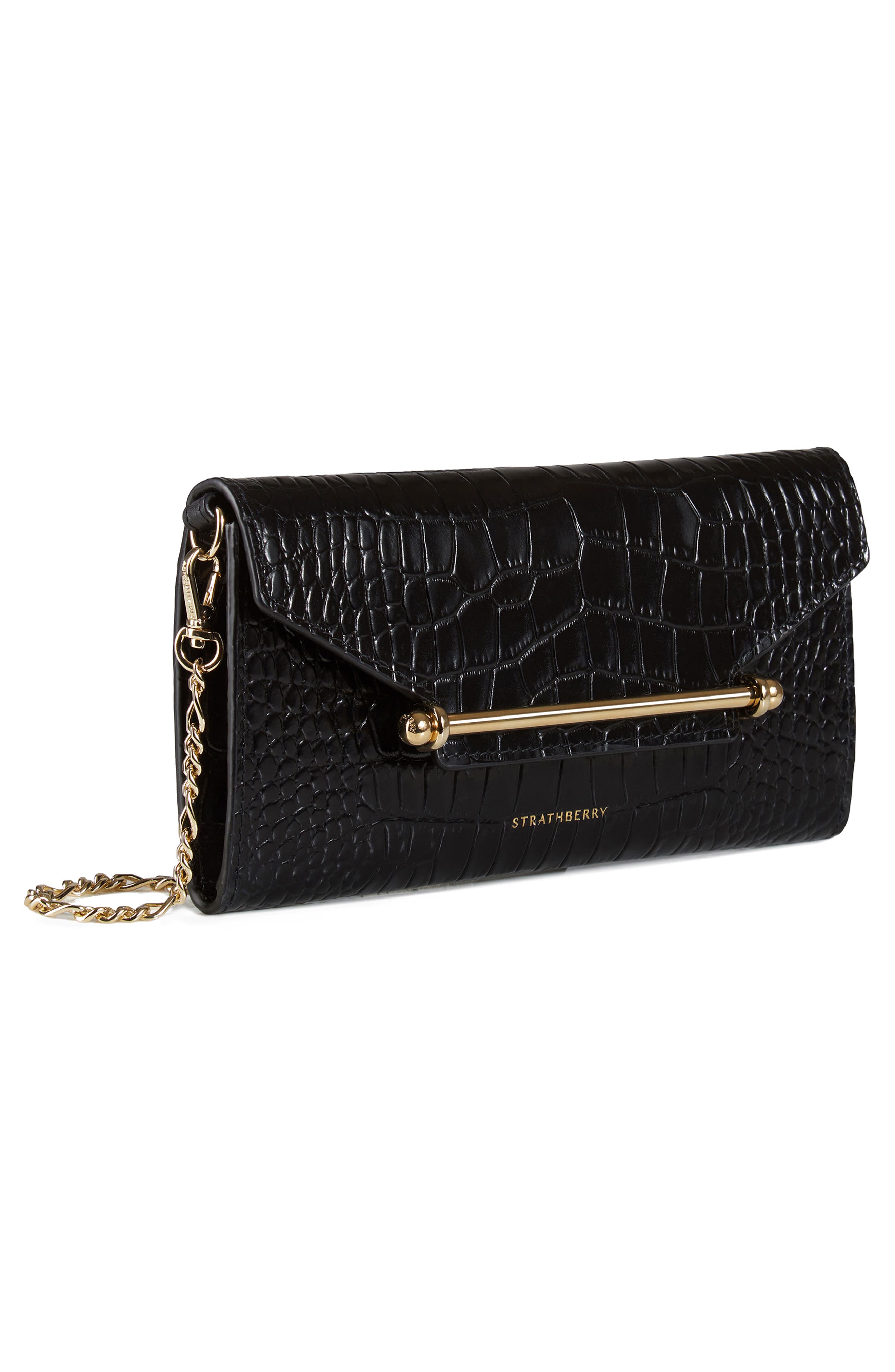 Multrees Croc Embossed Leather Wallet on a Chain, Alternate, color, BLACK