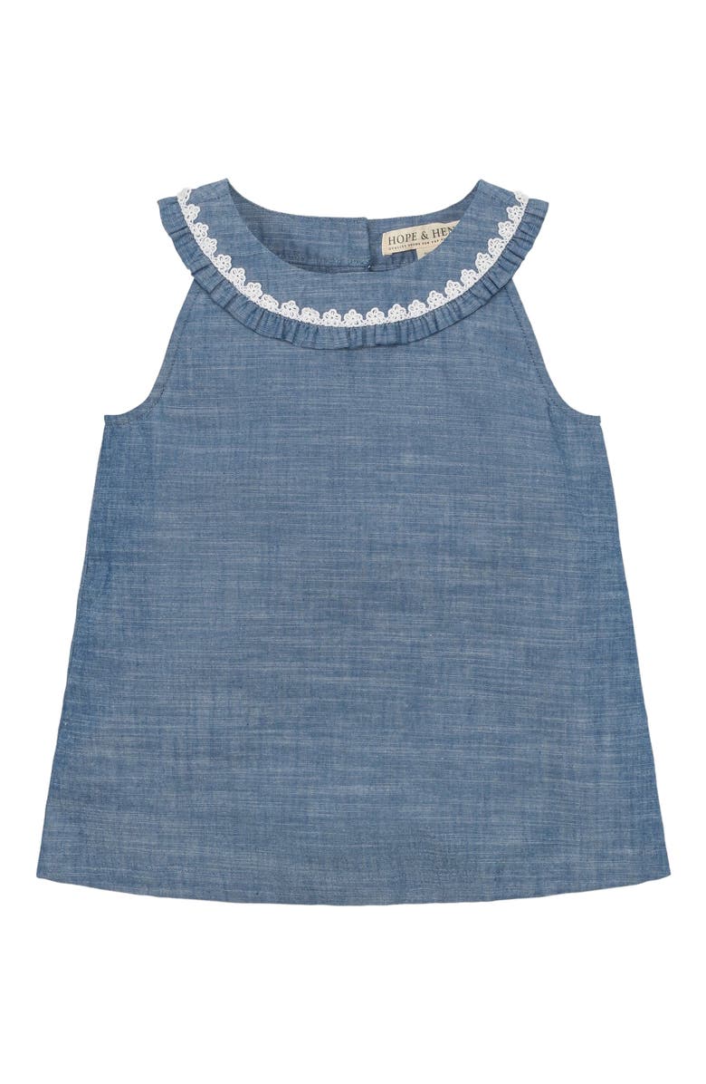 Hope & Henry Girls' Organic Sleeveless Ruffle Collar Chambray Button Back Top , Infant, Main, color, 
