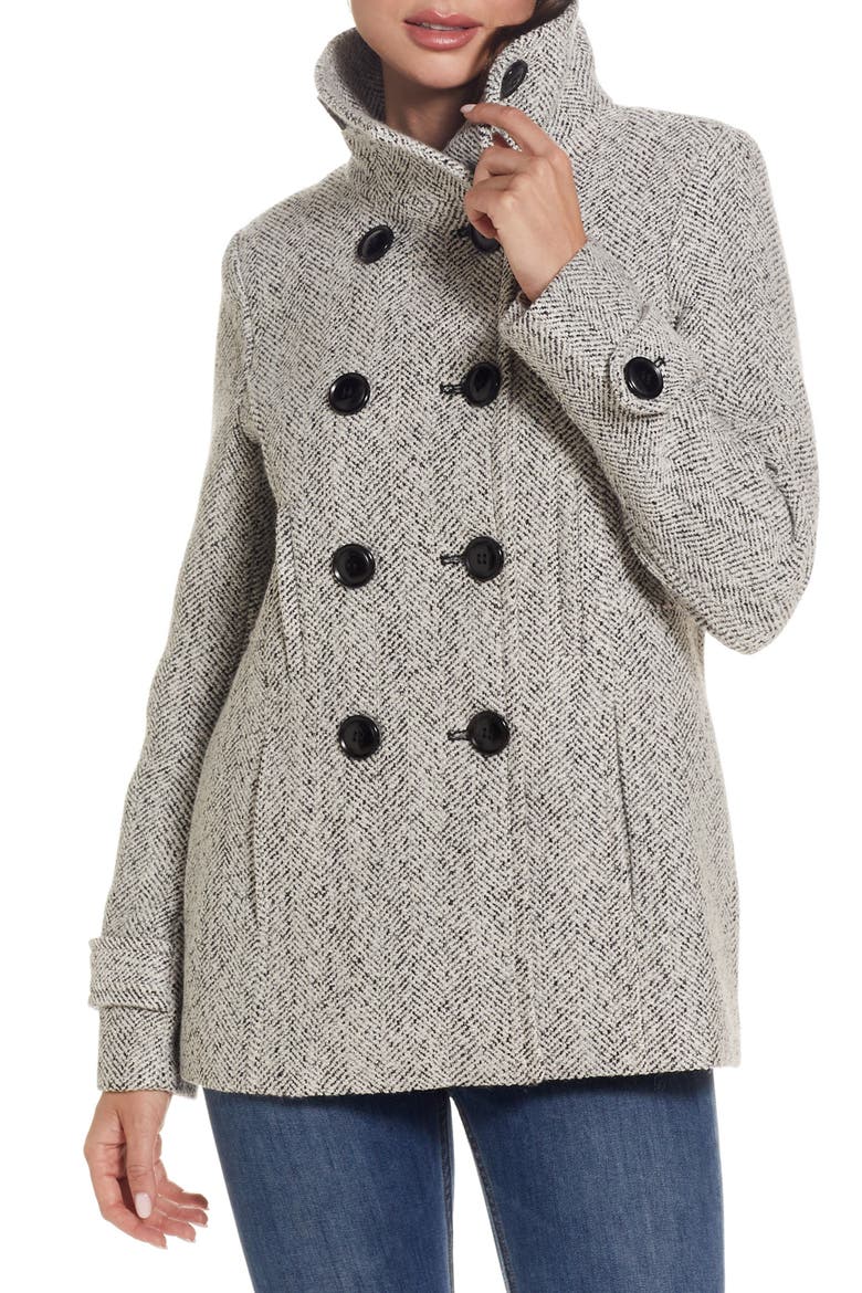 Double Breasted Peacoat, Main, color, BLACK/ WHITE