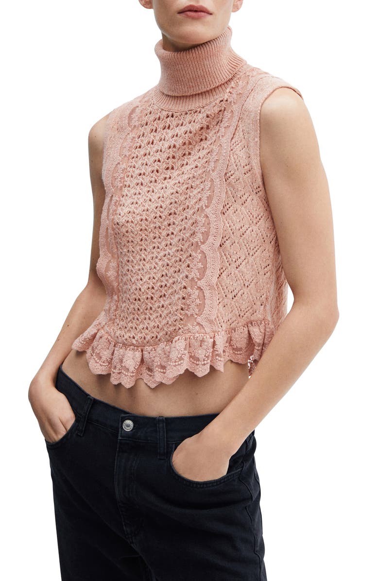 MANGO Openwork Ruffle Lace Turtleneck Sweater Tank, Main, color, 