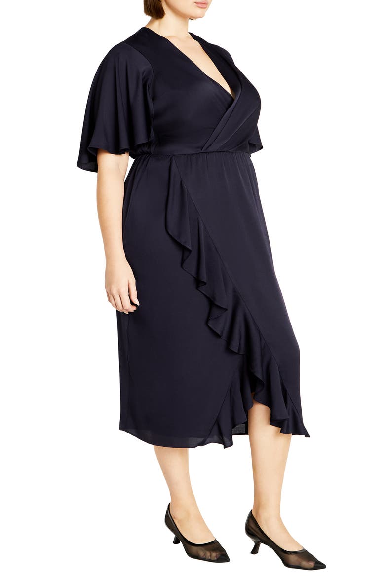 Holland Sateen Faux Wrap Midi Dress, Alternate, color, NAVY
