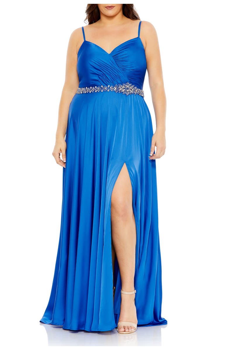 Mac Duggal Beaded Belt Faux Wrap A Line Gown, Main, color, Cobalt